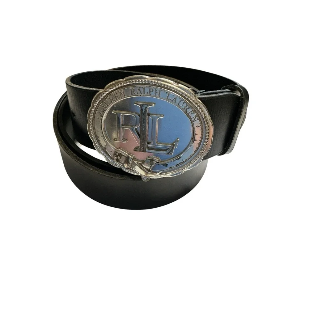 VTG Lauren Ralph Lauren Leather Belt Trophy Style Buckle Silver Tone Western RLL